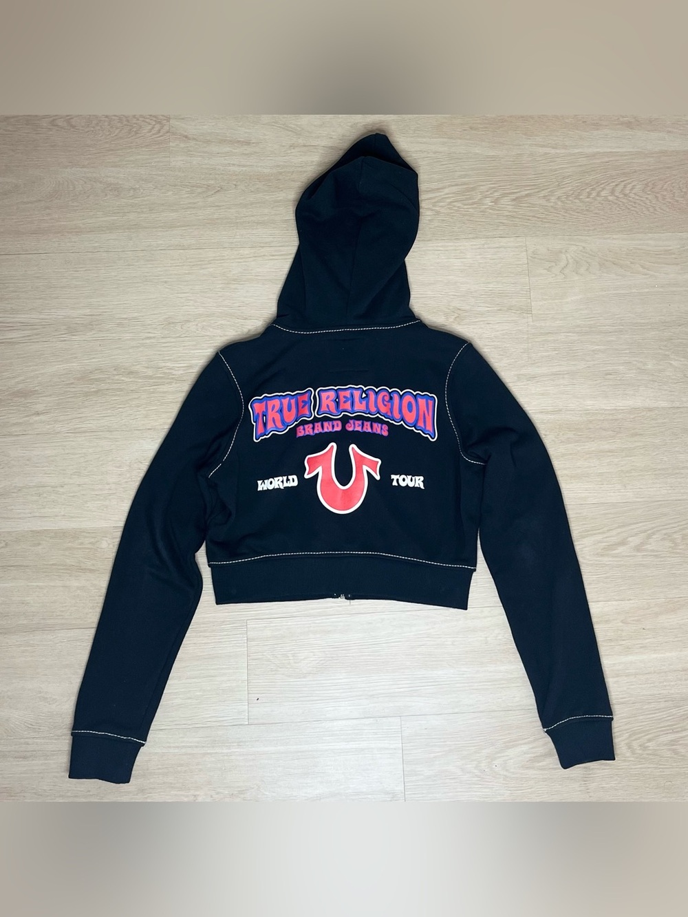 True Religion Black Cropped Zip-Up Hoodie with Red Logo